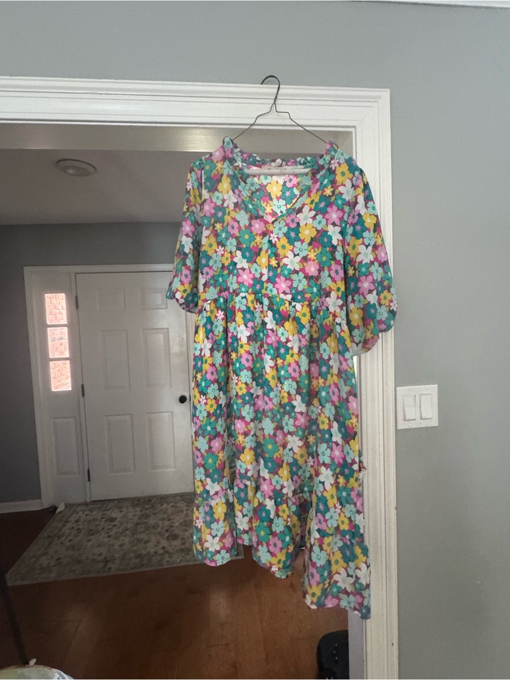 Girls Floral Tiered Dress in Aqua with Pink & Yellow Flowers